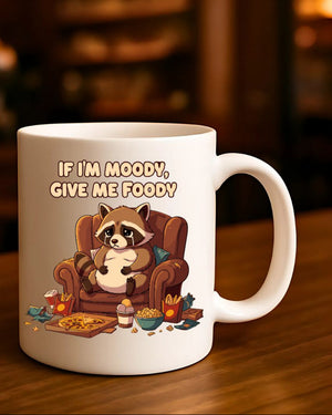 Moody raccoon ceramic mug with bold text design