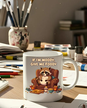 Moody raccoon ceramic mug with bold text design