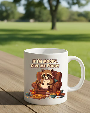 Moody raccoon ceramic mug with bold text design