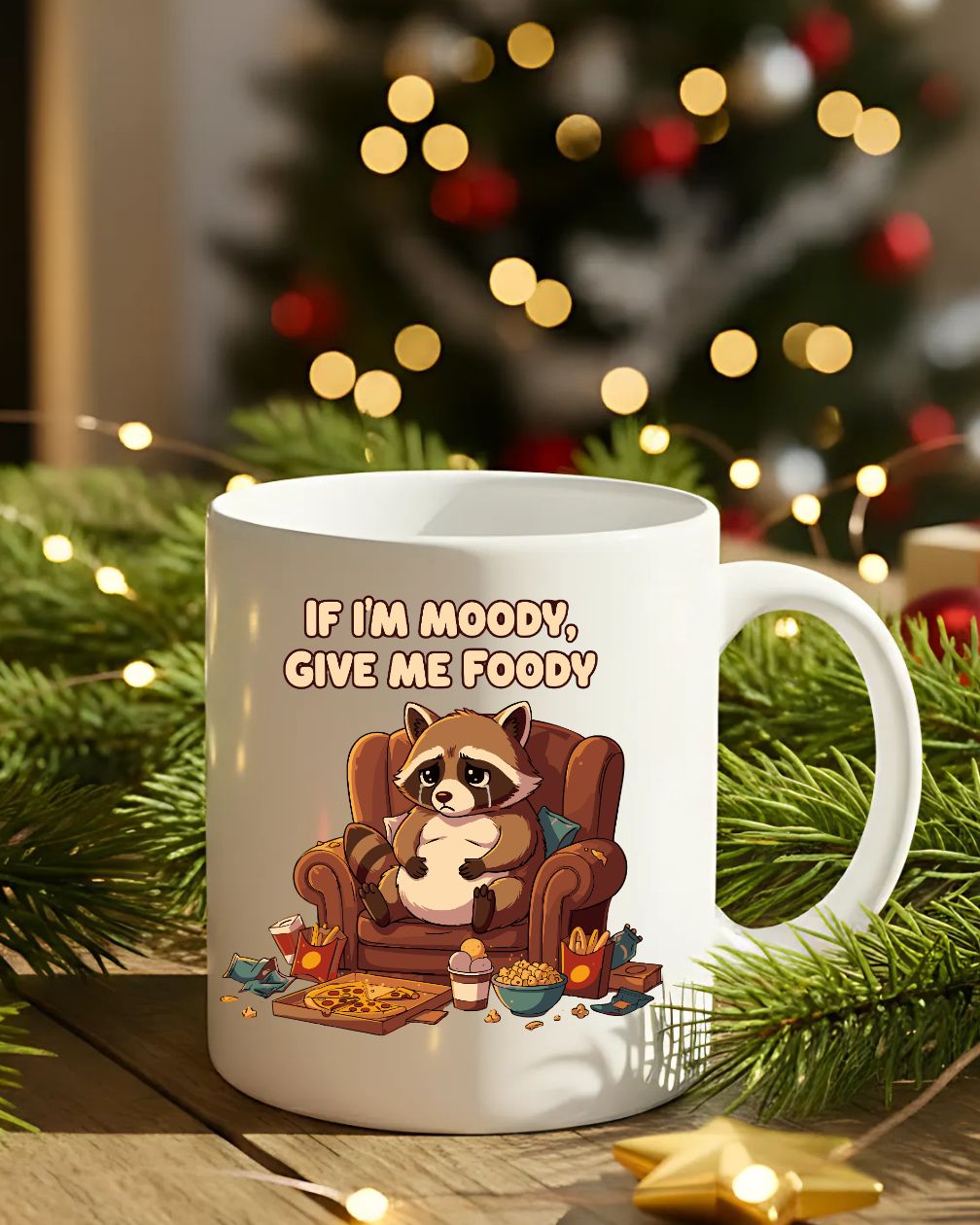 Moody raccoon ceramic mug with bold text design