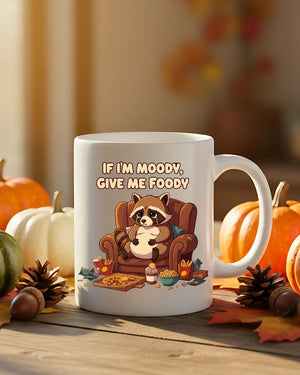 Moody raccoon ceramic mug with bold text design