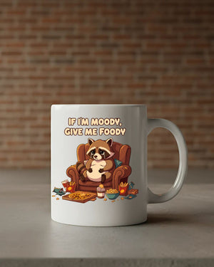 Moody raccoon ceramic mug with bold text design