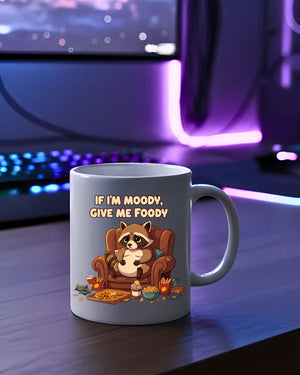 Moody raccoon ceramic mug with bold text design