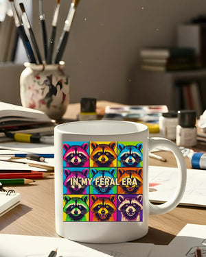 In My Feral Era Raccoon Mug – Funny ceramic coffee cup with chaotic raccoon meme design.