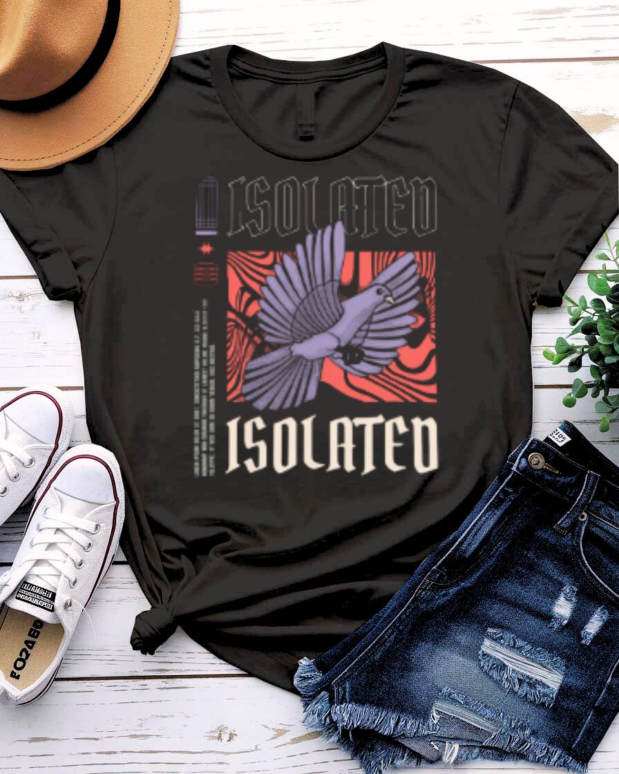 Isolated Streetwear Tee with lone figure on floating platform in fog on model