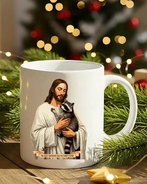 Jesus With Raccoon Mug – Funny meme ceramic coffee cup featuring Jesus with a raccoon design.
