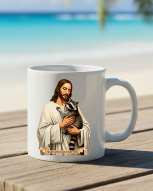 Jesus With Raccoon Mug – Funny meme ceramic coffee cup featuring Jesus with a raccoon design.