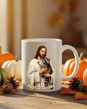 Jesus With Raccoon Mug – Funny meme ceramic coffee cup featuring Jesus with a raccoon design.