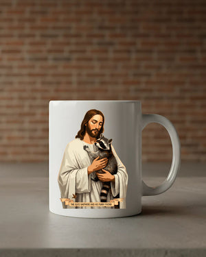 Jesus With Raccoon Mug – Funny meme ceramic coffee cup featuring Jesus with a raccoon design.