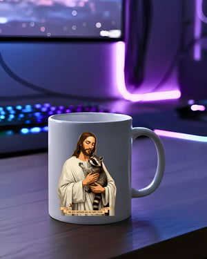 Jesus With Raccoon Mug – Funny meme ceramic coffee cup featuring Jesus with a raccoon design.