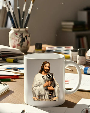 Jesus With Raccoon Mug – Funny meme ceramic coffee cup featuring Jesus with a raccoon design.