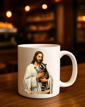 Jesus With Raccoon Mug – Funny meme ceramic coffee cup featuring Jesus with a raccoon design.