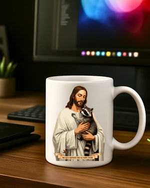 Jesus With Raccoon Mug – Funny meme ceramic coffee cup featuring Jesus with a raccoon design.