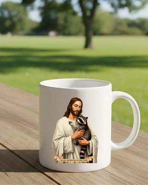 Jesus With Raccoon Mug – Funny meme ceramic coffee cup featuring Jesus with a raccoon design.