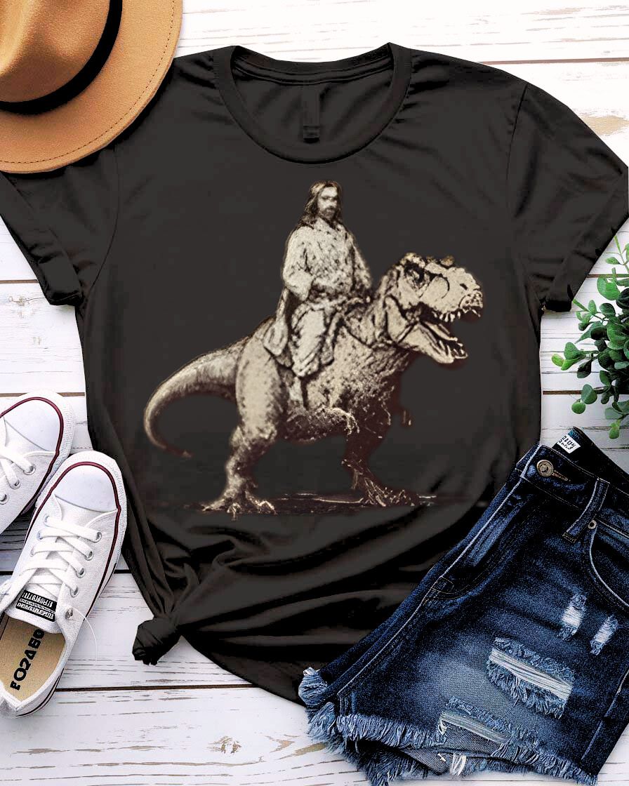 Jesus at T-Rex t-shirt featuring a classical painting of Jesus with a Tyrannosaurus