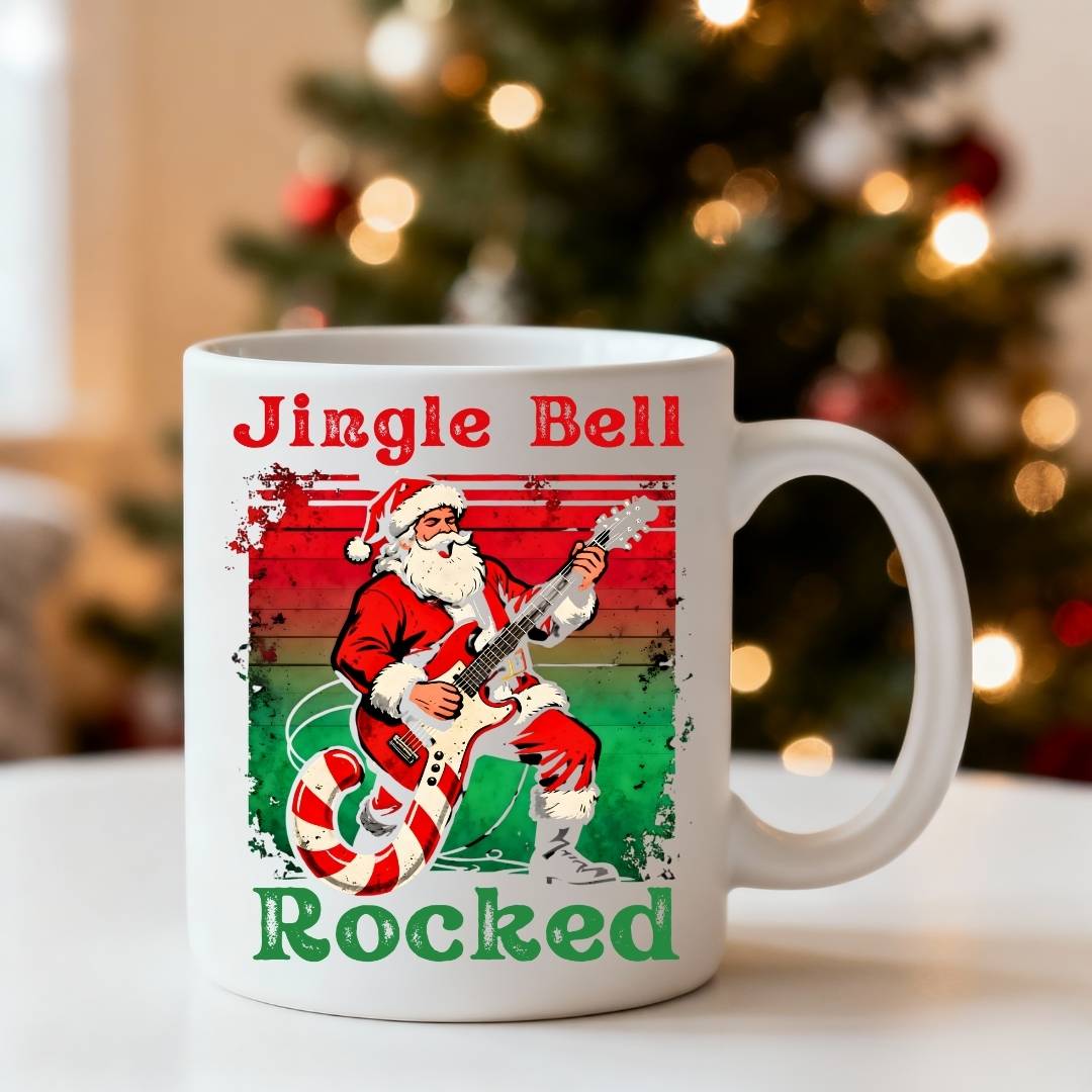 Jingle Bell Rocked Mug – funny Christmas coffee mug for meme lovers featuring bold festive design, ceramic mug by Memez.Store.