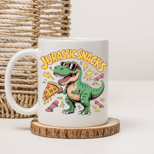 11oz and 15oz Jurassic Snacks mug for coffee lovers
