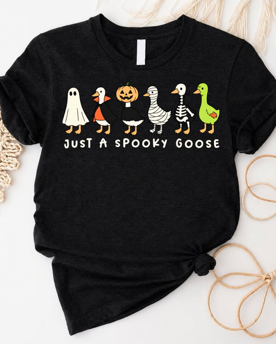 Just a spooky goose halloween t-shirt with geese in ghost and vampire costumes