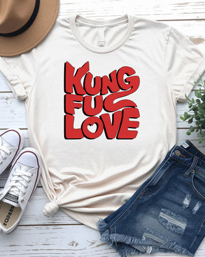 Close-up of Kung Fu Love graphic on t-shirt