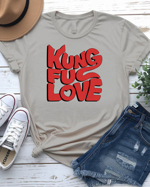Close-up of Kung Fu Love graphic on t-shirt