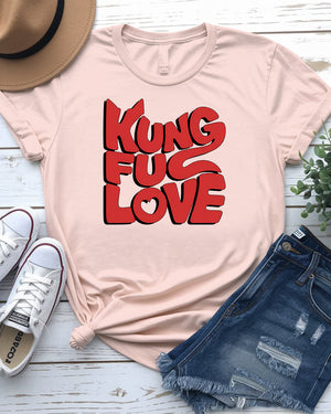 Close-up of Kung Fu Love graphic on t-shirt