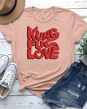 Close-up of Kung Fu Love graphic on t-shirt