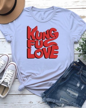 Close-up of Kung Fu Love graphic on t-shirt