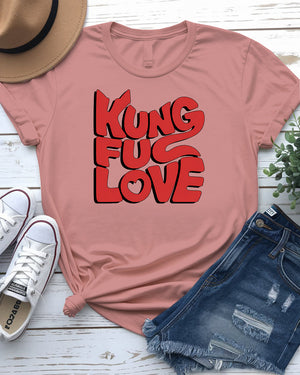 Close-up of Kung Fu Love graphic on t-shirt