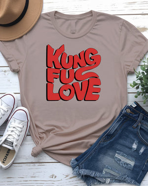 Close-up of Kung Fu Love graphic on t-shirt