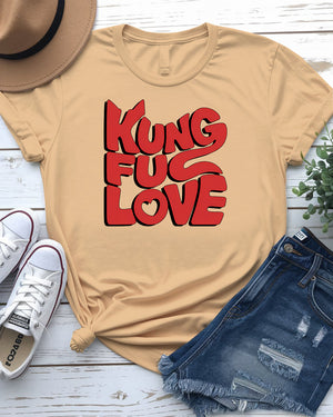 Close-up of Kung Fu Love graphic on t-shirt