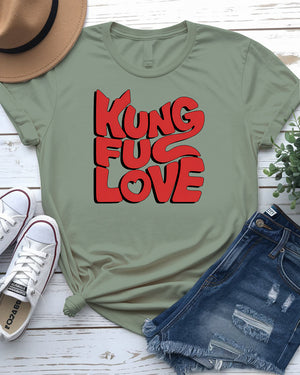 Close-up of Kung Fu Love graphic on t-shirt
