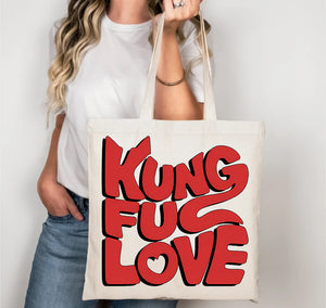 Kung Fu Love Tote Bag with martial arts heart graphic—eco-friendly, made‑to‑order canvas tote by Memez Store