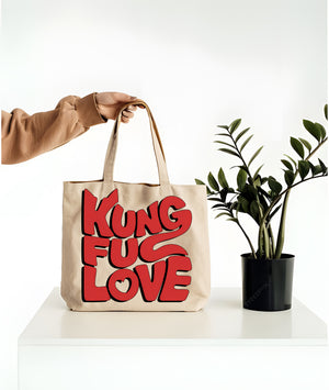 Kung Fu Love Tote Bag with martial arts heart graphic—eco-friendly, made‑to‑order canvas tote by Memez Store