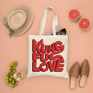 Kung Fu Love Tote Bag with martial arts heart graphic—eco-friendly, made‑to‑order canvas tote by Memez Store