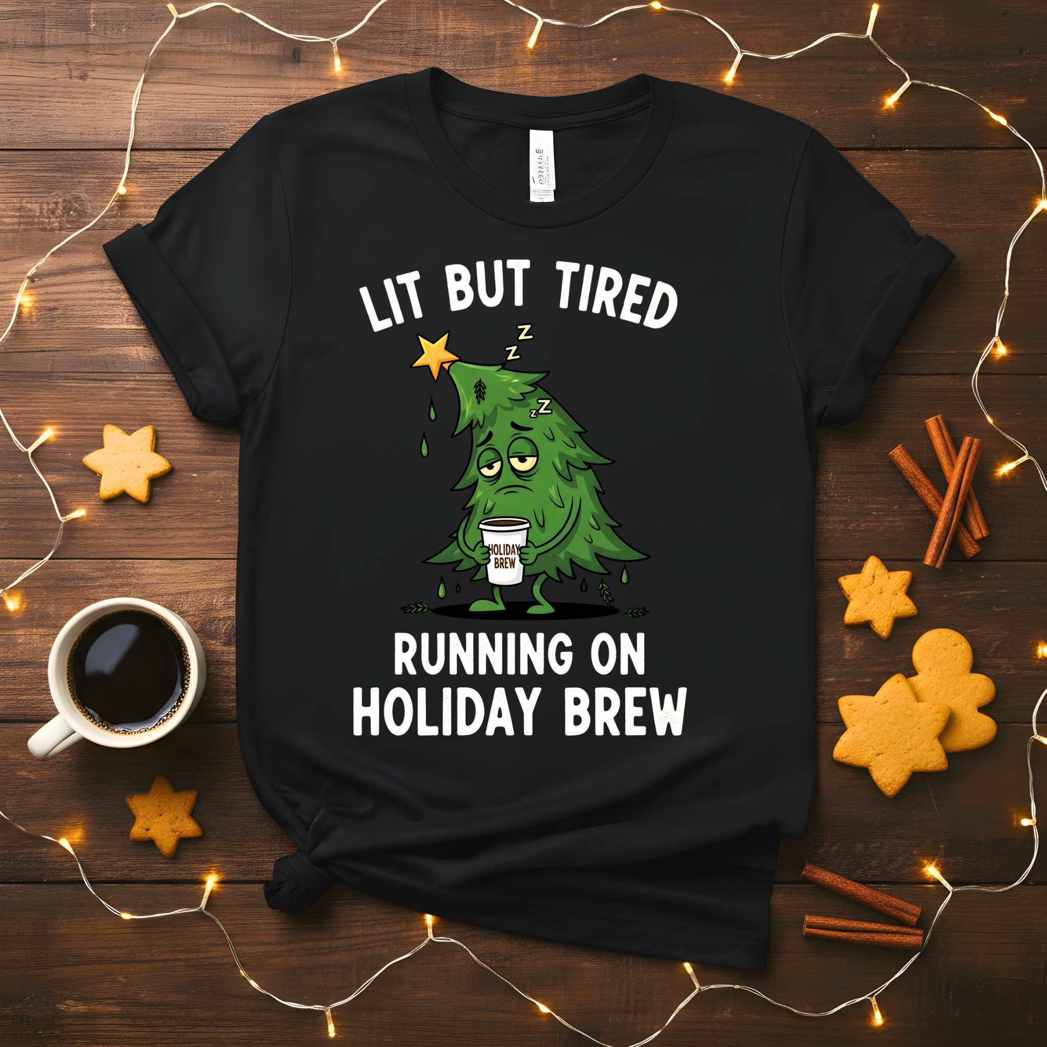 Lit But Tired Christmas Meme Funny Tee, relatable holiday mood shirt for men and women, funny festive but exhausted t-shirt, Christmas humor apparel 2025 by Memez Store, tired Christmas gift