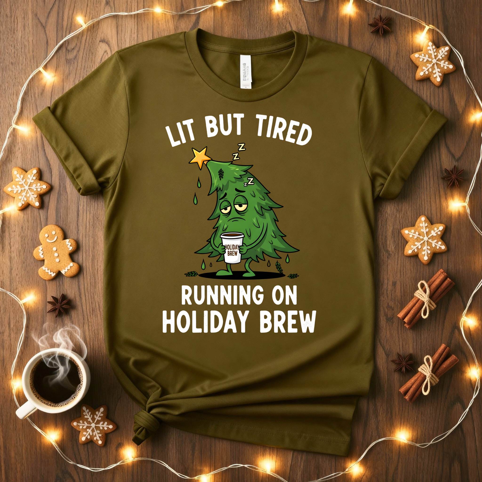 Lit But Tired Christmas Meme Funny Tee, relatable holiday mood shirt for men and women, funny festive but exhausted t-shirt, Christmas humor apparel 2025 by Memez Store, tired Christmas gift