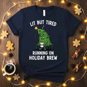 Lit But Tired Christmas Meme Funny Tee, relatable holiday mood shirt for men and women, funny festive but exhausted t-shirt, Christmas humor apparel 2025 by Memez Store, tired Christmas gift