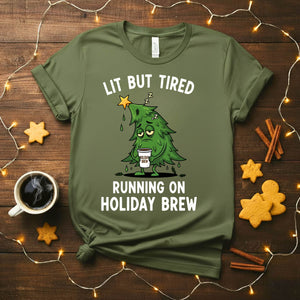 Lit But Tired Christmas Meme Funny Tee, relatable holiday mood shirt for men and women, funny festive but exhausted t-shirt, Christmas humor apparel 2025 by Memez Store, tired Christmas gift