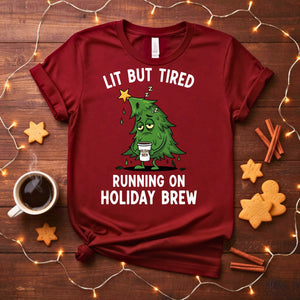 Lit But Tired Christmas Meme Funny Tee, relatable holiday mood shirt for men and women, funny festive but exhausted t-shirt, Christmas humor apparel 2025 by Memez Store, tired Christmas gift