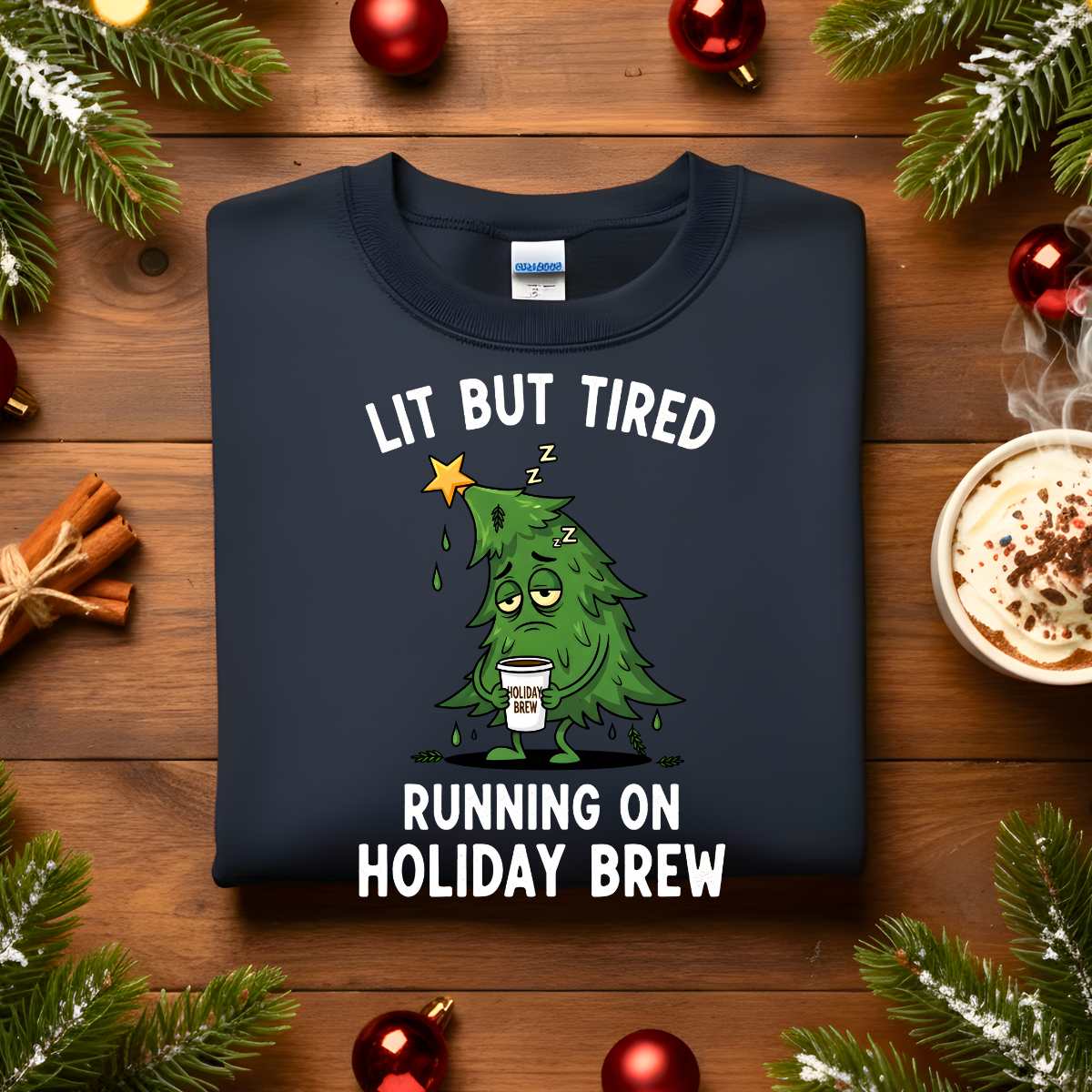 βLit But Tired Christmas Sweatshirt β funny holiday meme sweatshirt for exhausted coffee lovers, cozy unisex fleece pullover from Memez.Store.