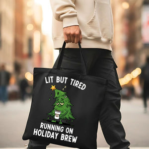 Lit But Tired Christmas funny relatable holiday tote bag