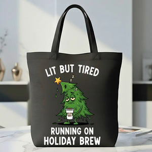 Lit But Tired Christmas funny relatable holiday tote bag