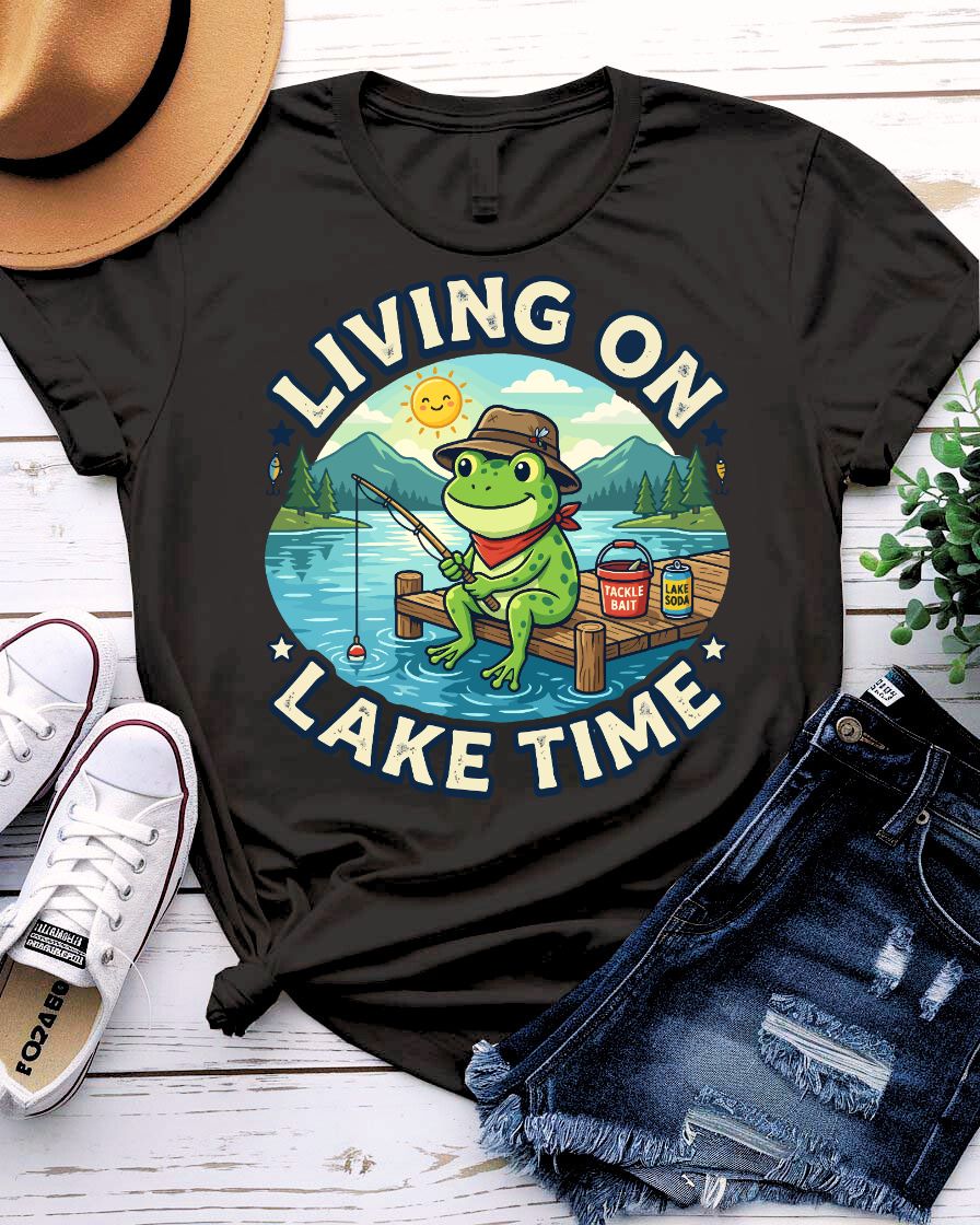 Living on lake time tee pine trees sunset graphic