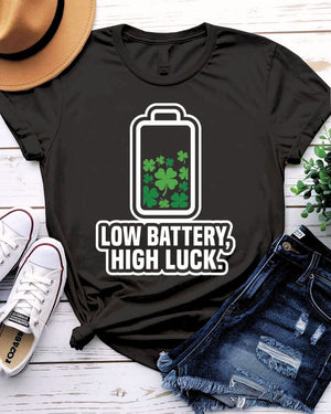 Low Battery High Luck St. Patrick's Day Tee with 2% shamrock phone on model