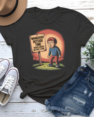 Mandatory Outside Time Tee – Funny parenting meme shirt for chaotic family humor by Memez Store