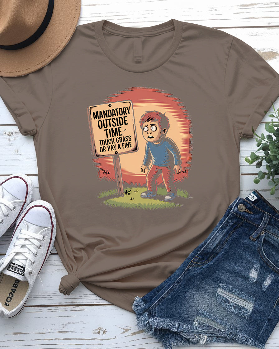 Mandatory Outside Time Tee – Funny parenting meme shirt for chaotic family humor by Memez Store