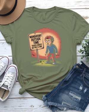 Mandatory Outside Time Tee – Funny parenting meme shirt for chaotic family humor by Memez Store
