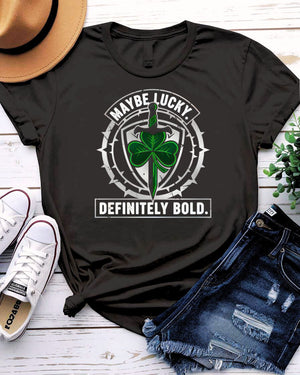 May Be Lucky St. Patrick's Day Tee with question mark clover on model