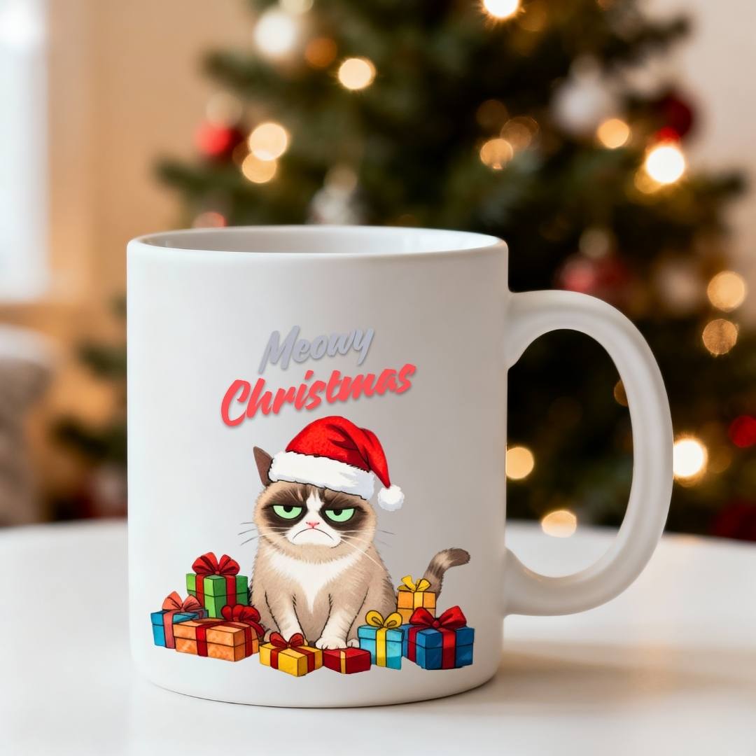 Meowy Christmas Coffee Mug β funny cat lover Christmas meme mug, festive ceramic coffee cup for holiday humor by Memez.Store.β