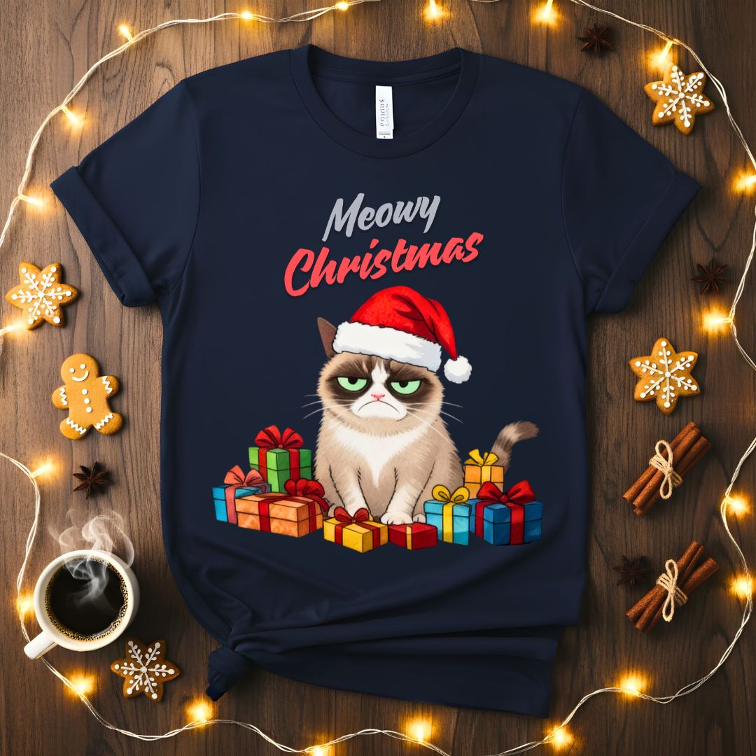 Meowy Christmas funny cat pun holiday t-shirt